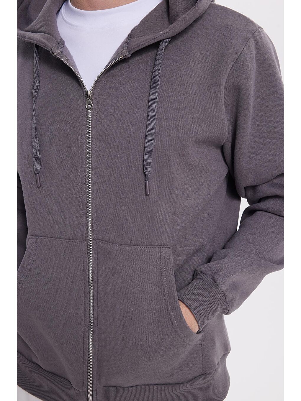 Unisex Relax Fit Rahat Kesim Pamuklu İçi Polarlı Çift Cepli Tam Fermuarlı Gri Kapüşonlu Sweatshirt-2