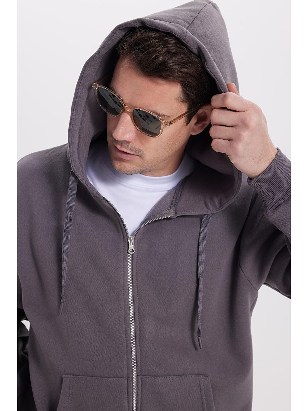 Unisex Relax Fit Rahat Kesim Pamuklu İçi Polarlı Çift Cepli Tam Fermuarlı Gri Kapüşonlu Sweatshirt-4