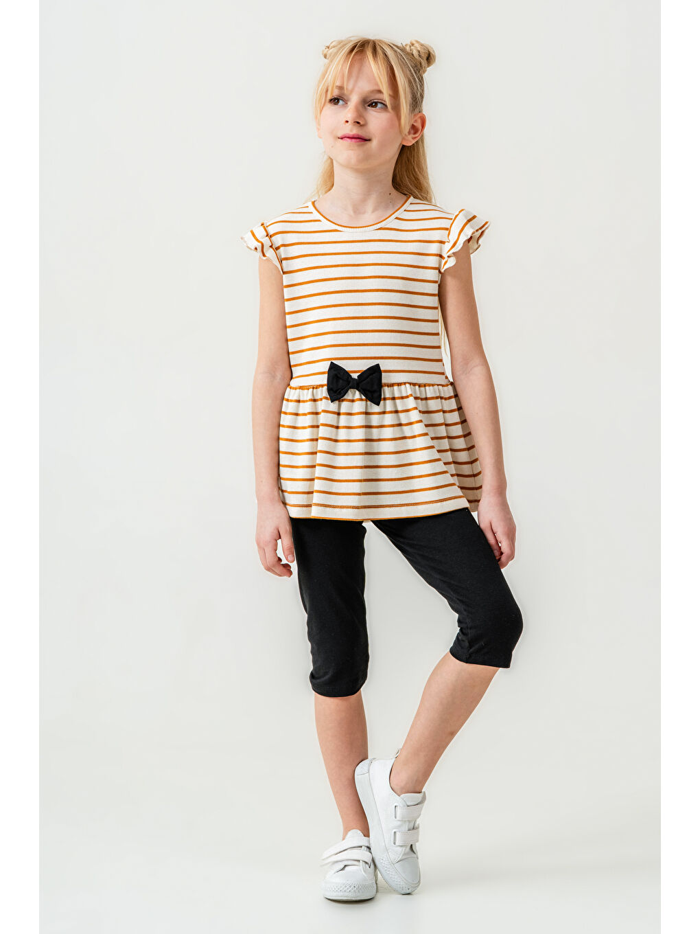 Sarı Kız Çocuk Çizgili Fiyonk Detaylı Taytlı Takım 2-7 Yaş Hardal 005-3