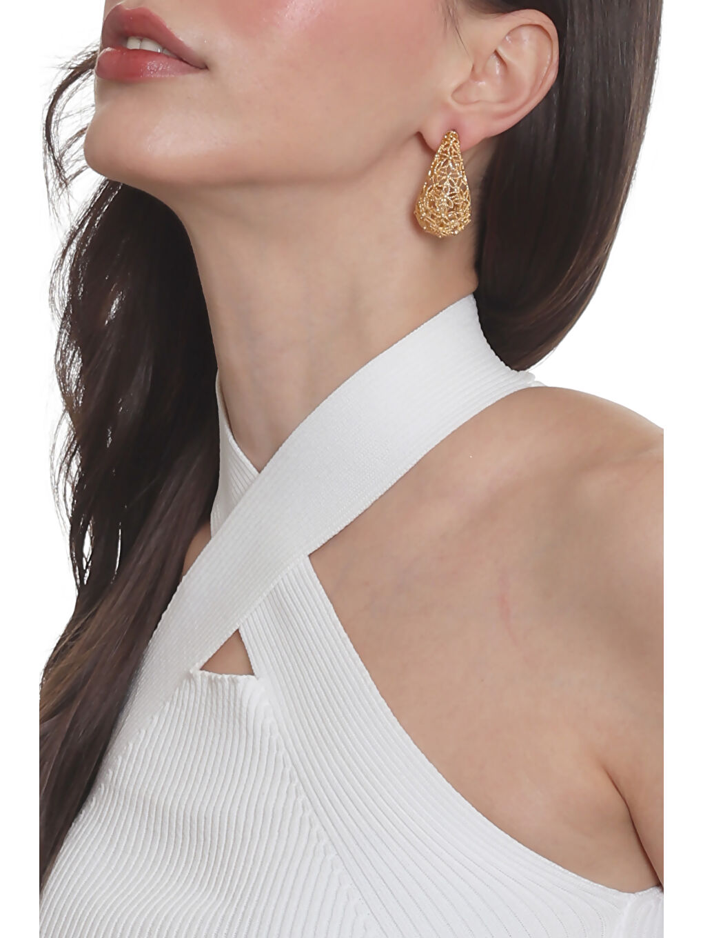 Sarı Kadın Telkari Görünümlü Çiçek Motifli Çivili Model Damla Formlu Küpe-1