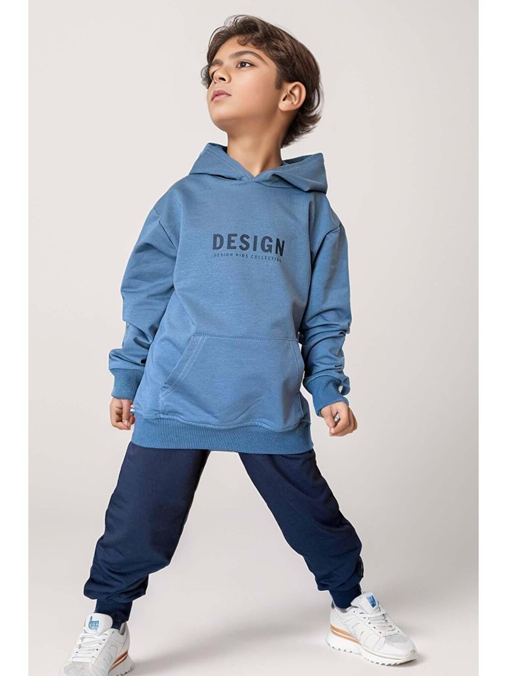 Erkek Çocuk Sırt Baskılı Design Kapüşonlu Sweatshirt Elastanlı Lacivert Eşofman Takım