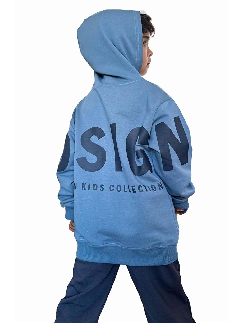 Erkek Çocuk Sırt Baskılı Design Kapüşonlu Sweatshirt Elastanlı Lacivert Eşofman Takım-1