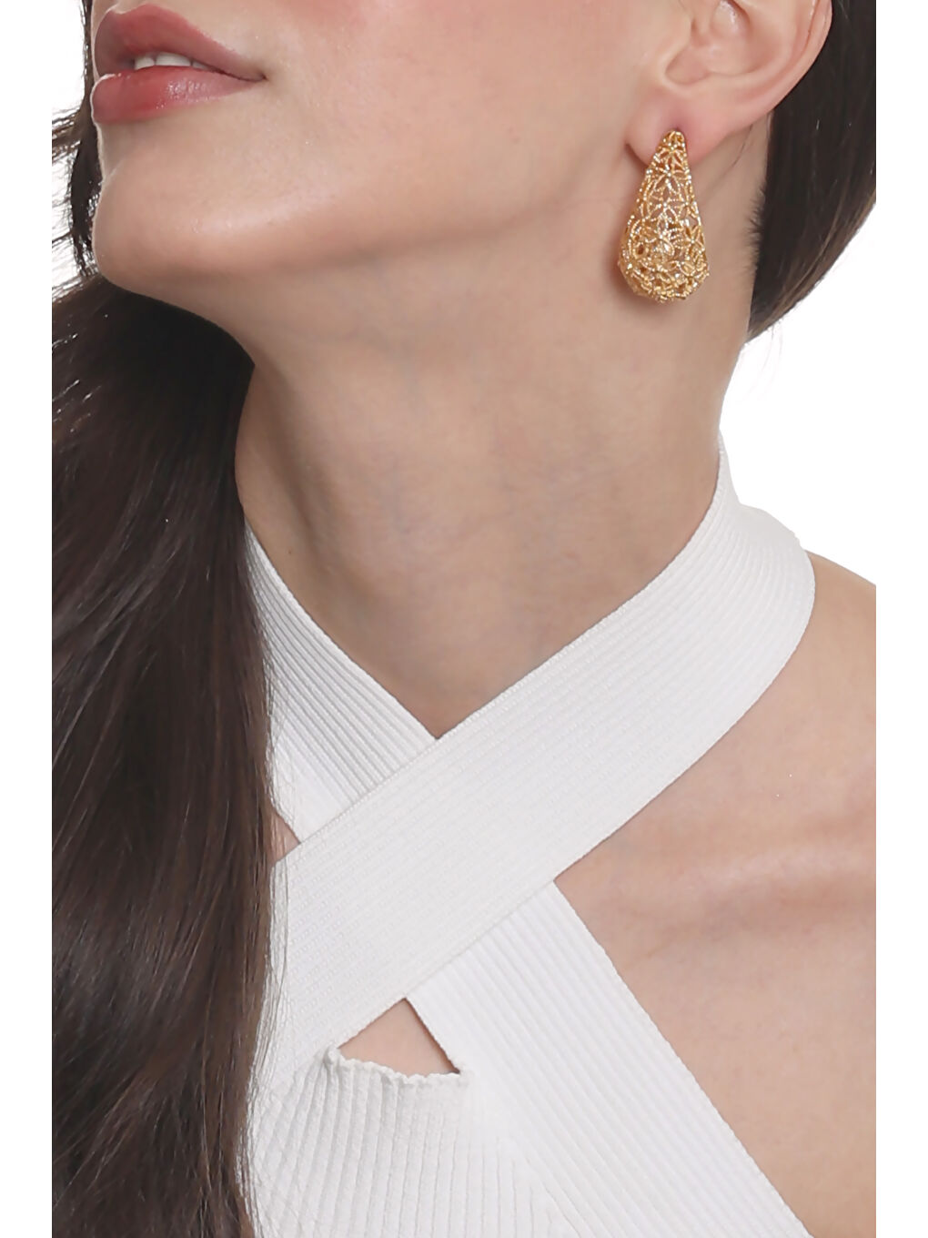 Sarı Kadın Telkari Görünümlü Çiçek Motifli Çivili Model Damla Formlu Küpe-2