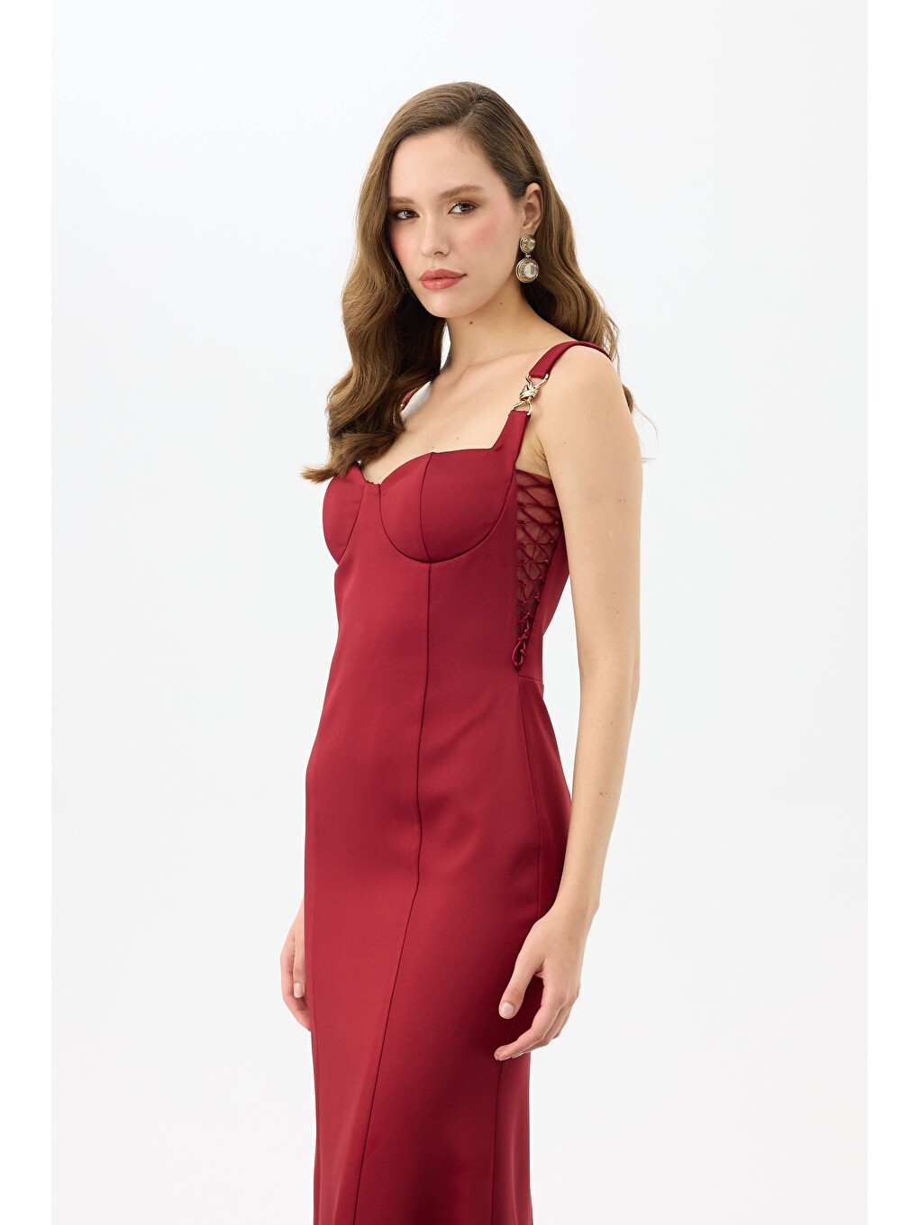 Bordo Aksesuarlı Askılı Saten Abiye Elbise-4