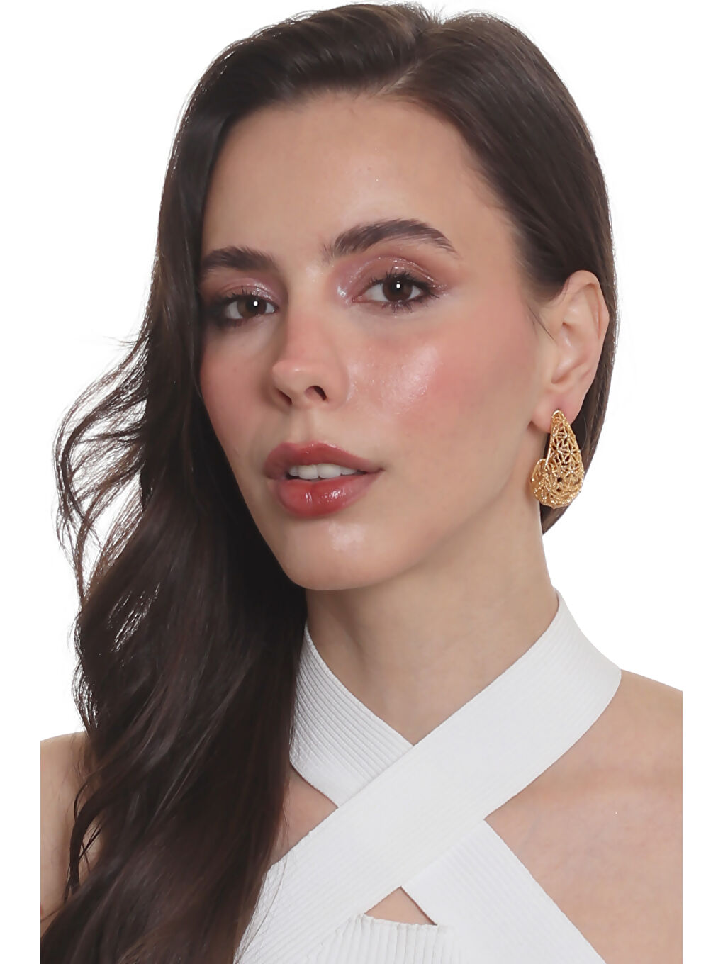 Sarı Kadın Telkari Görünümlü Çiçek Motifli Çivili Model Damla Formlu Küpe-4