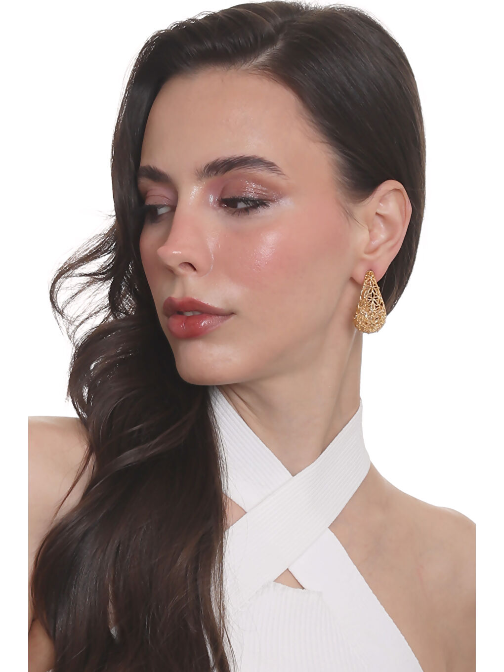 Sarı Kadın Telkari Görünümlü Çiçek Motifli Çivili Model Damla Formlu Küpe-5