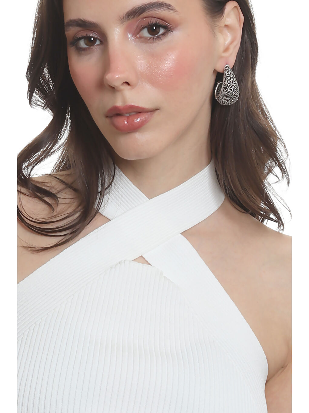 Gri Kadın Telkari Görünümlü Çiçek Motifli Çivili Model Damla Formlu Küpe-4