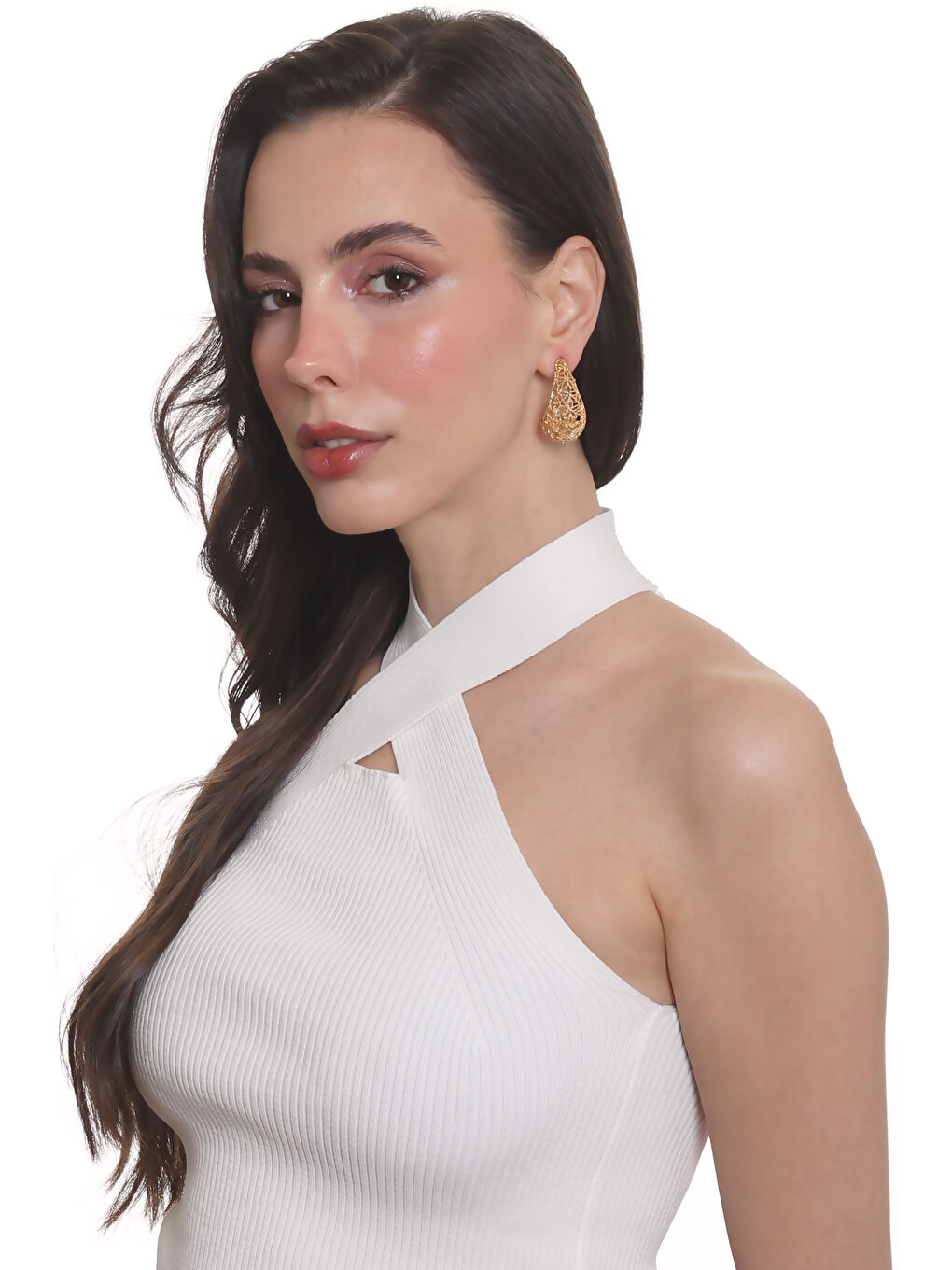 Sarı Kadın Telkari Görünümlü Çiçek Motifli Çivili Model Damla Formlu Küpe-6