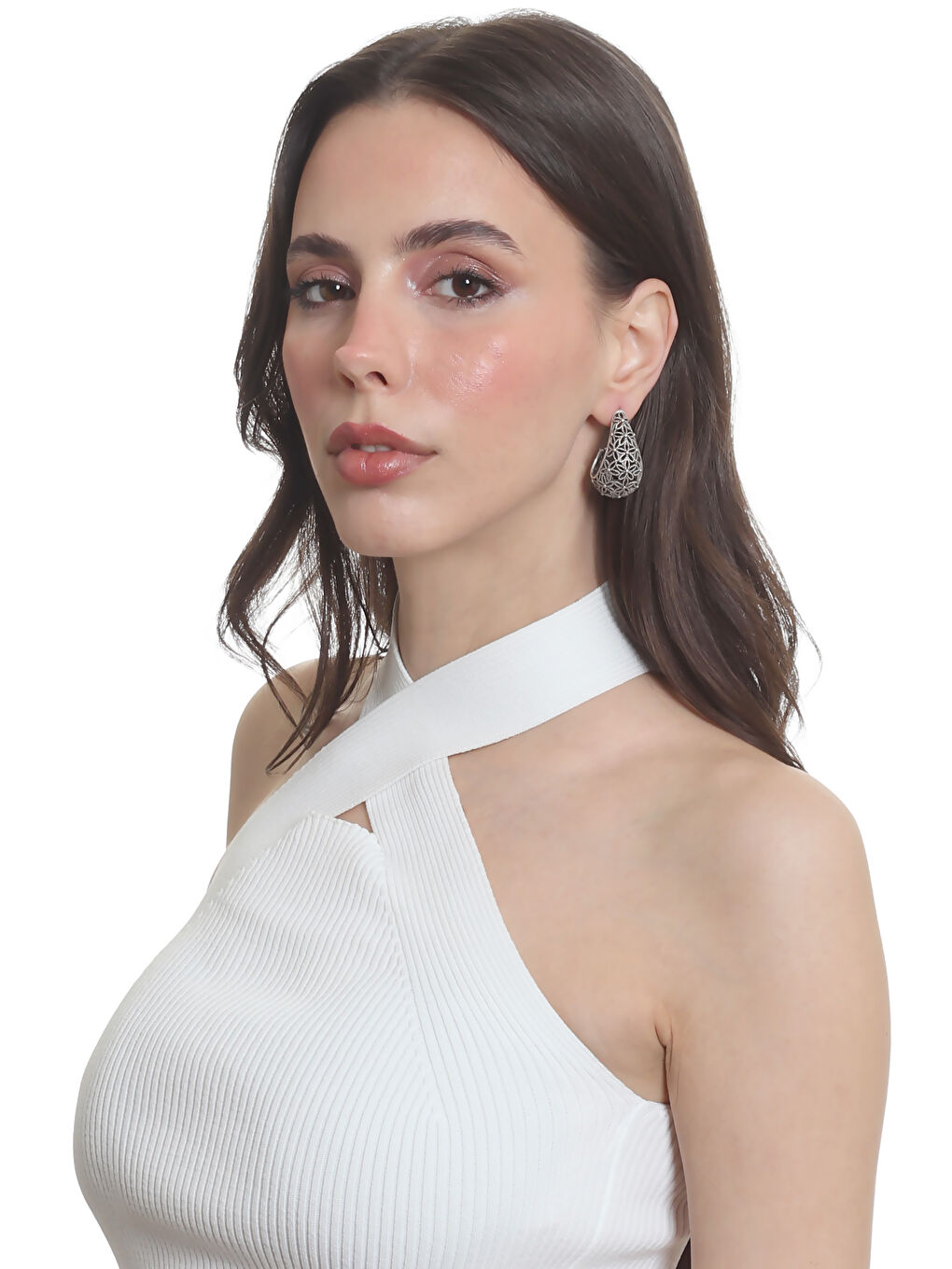 Gri Kadın Telkari Görünümlü Çiçek Motifli Çivili Model Damla Formlu Küpe-5