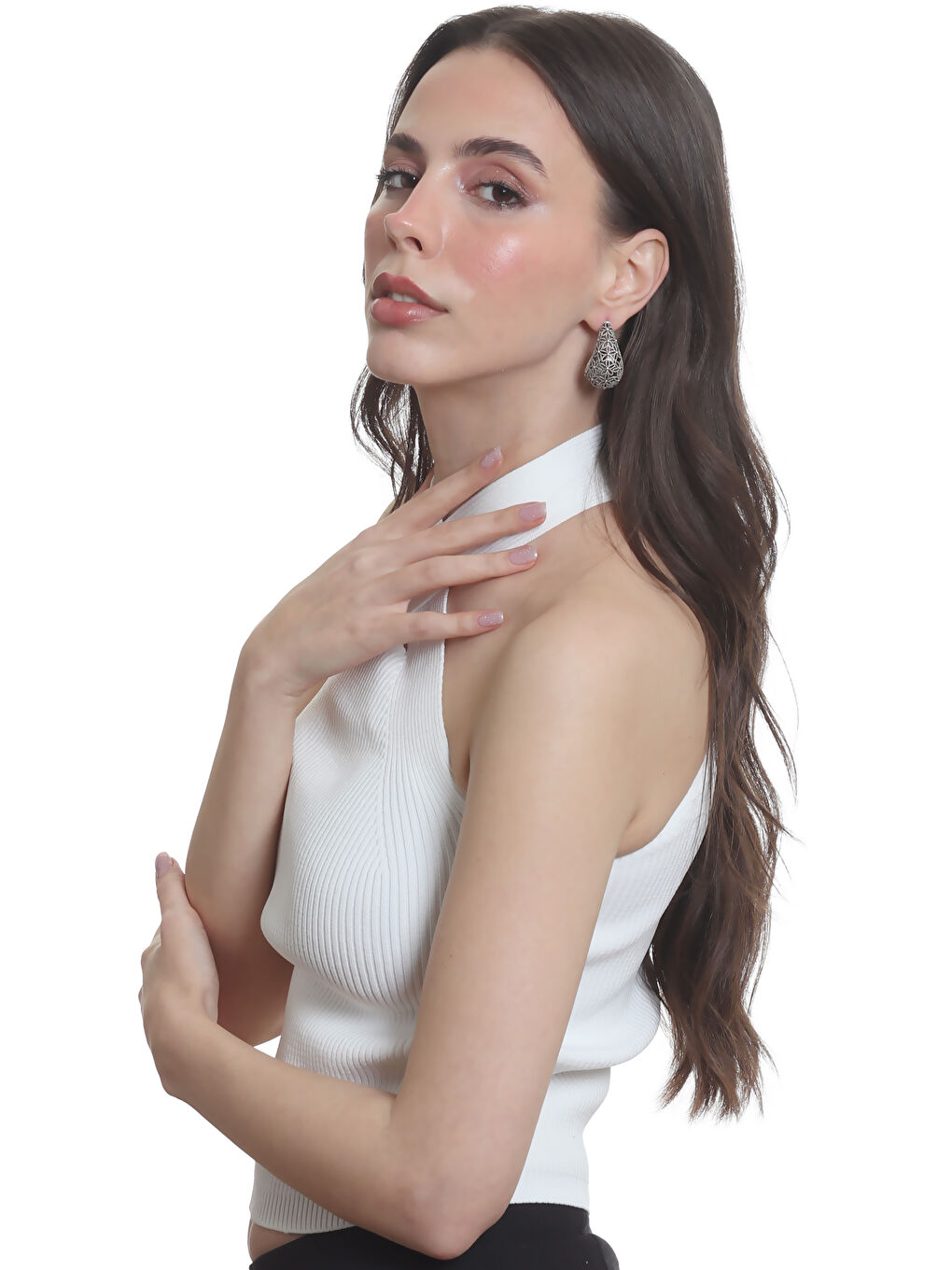 Gri Kadın Telkari Görünümlü Çiçek Motifli Çivili Model Damla Formlu Küpe-6