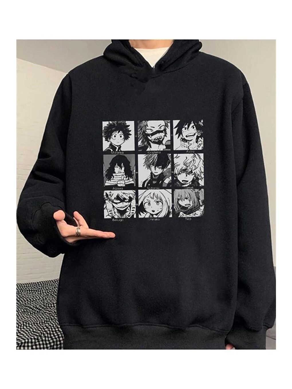 Touz Moda Siyah My Hero Academia Kolaj Siyah Kapşonlu Sweetshirt - 2