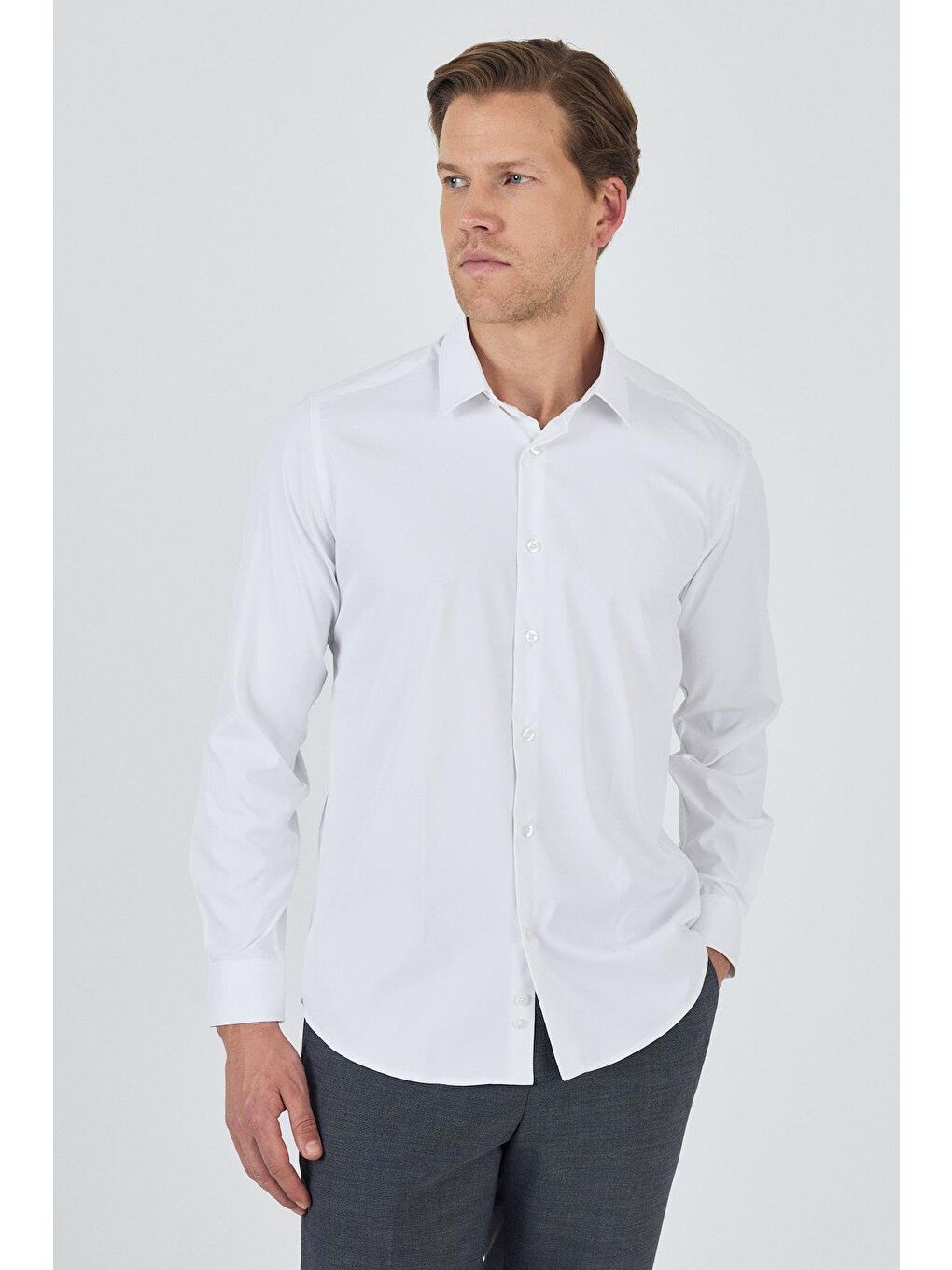 Beyaz Sert Yaka Cepsiz Gabardin Uzun Kol Slim Fit Esnek Gömlek 1004250234-2