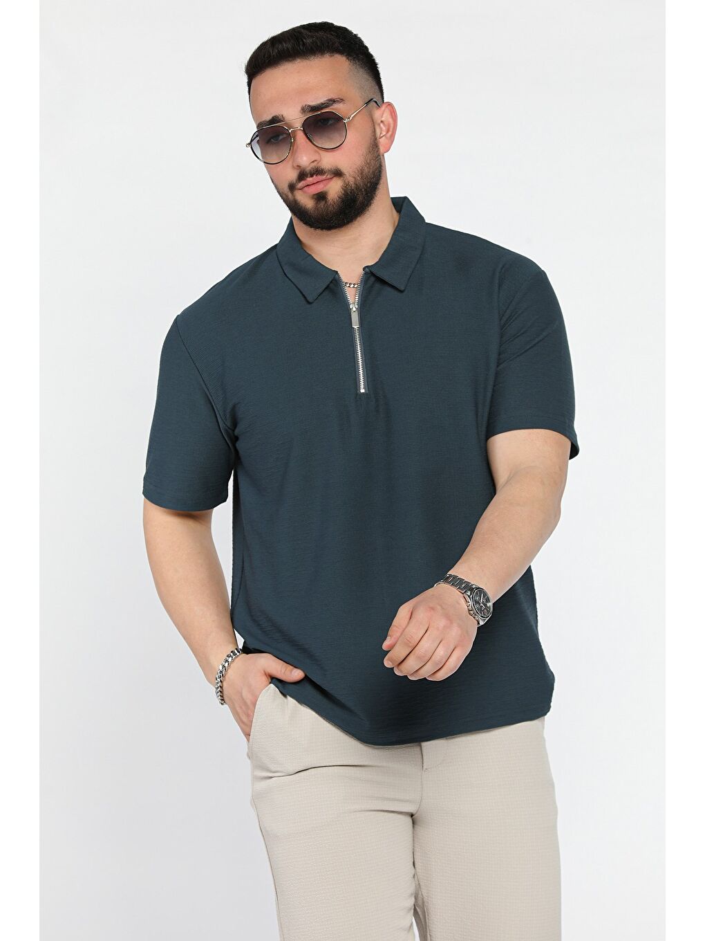 Petrol Erkek Polo Yaka Yarım Fermuarlı Tişört