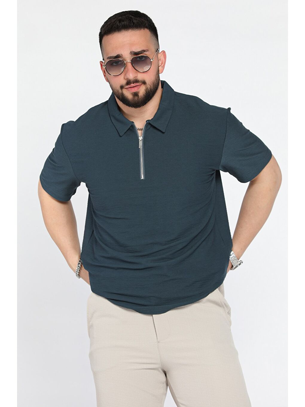 Petrol Erkek Polo Yaka Yarım Fermuarlı Tişört-1