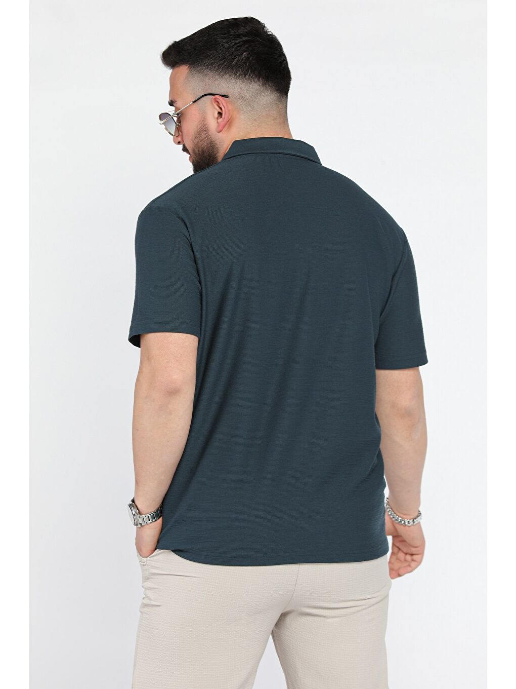 Petrol Erkek Polo Yaka Yarım Fermuarlı Tişört-2