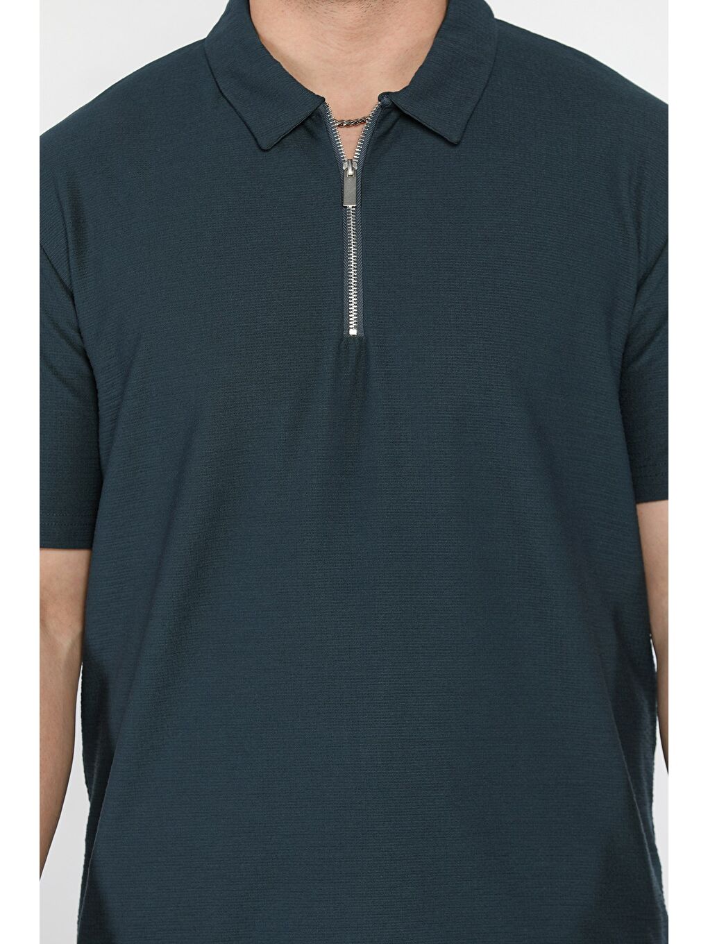 Petrol Erkek Polo Yaka Yarım Fermuarlı Tişört-3