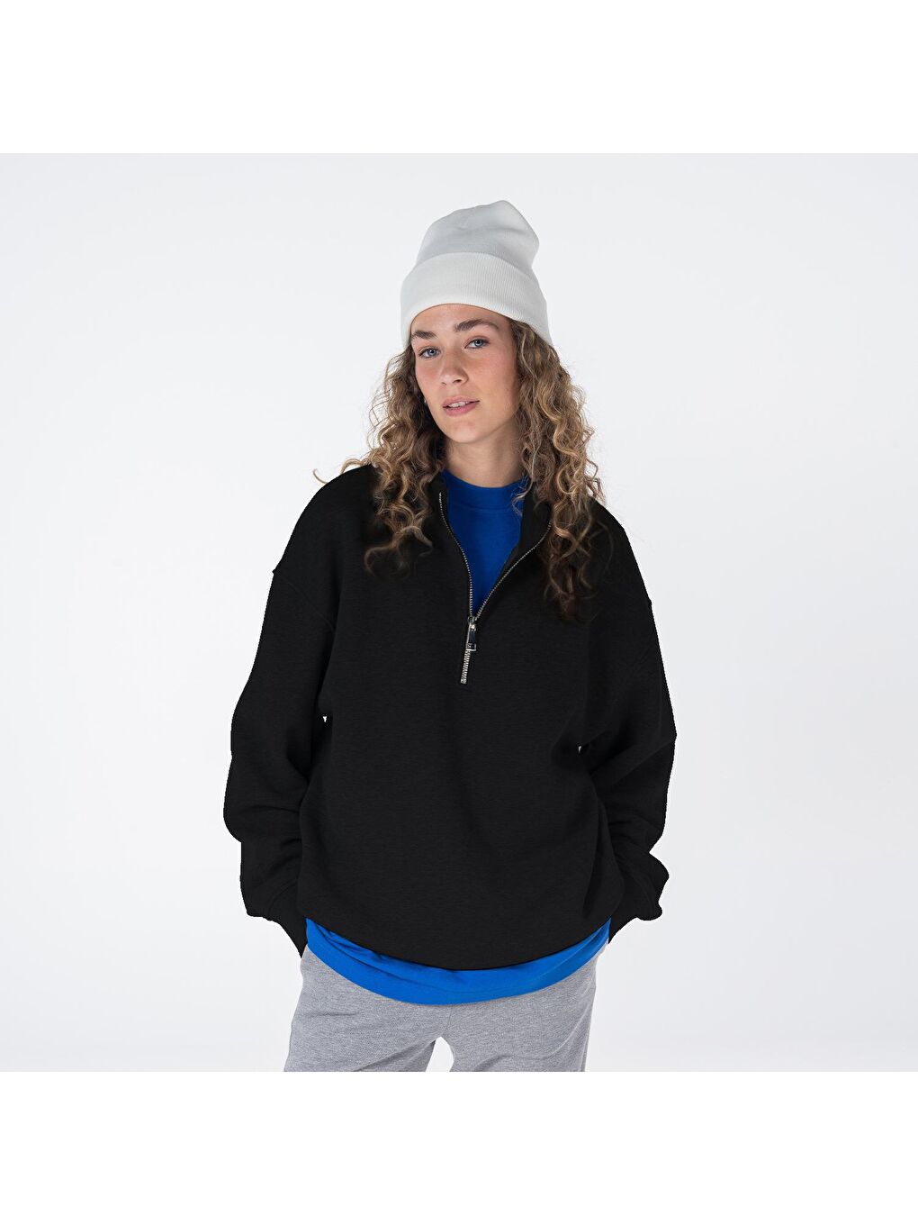 James Kadın Siyah Dik Yaka Oversize Yarı Fermuarlı Sweatshirt