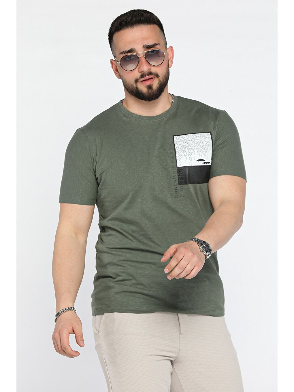 Haki Baskılı Bisiklet Yaka Erkek Tişört