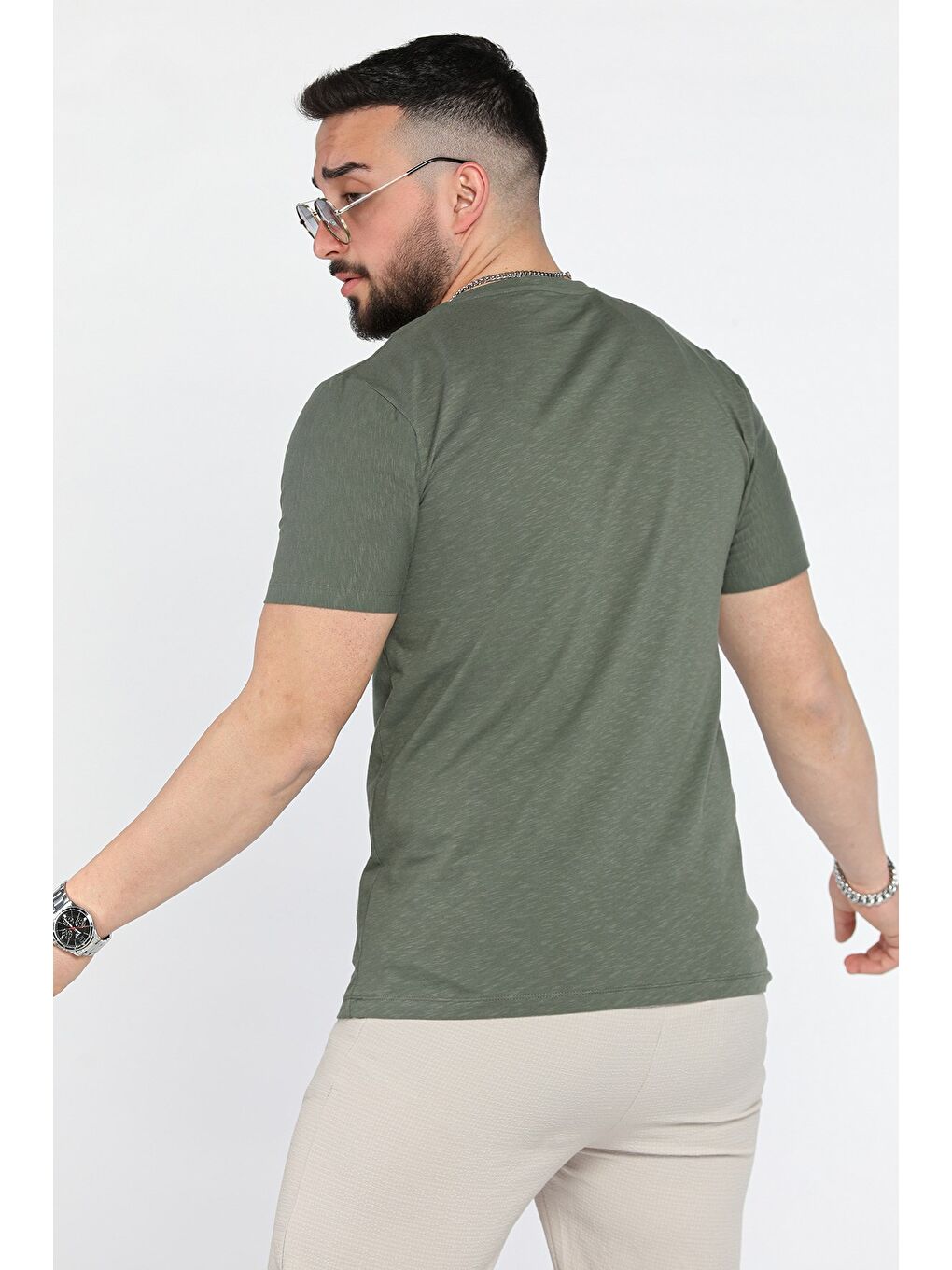 Haki Baskılı Bisiklet Yaka Erkek Tişört-2