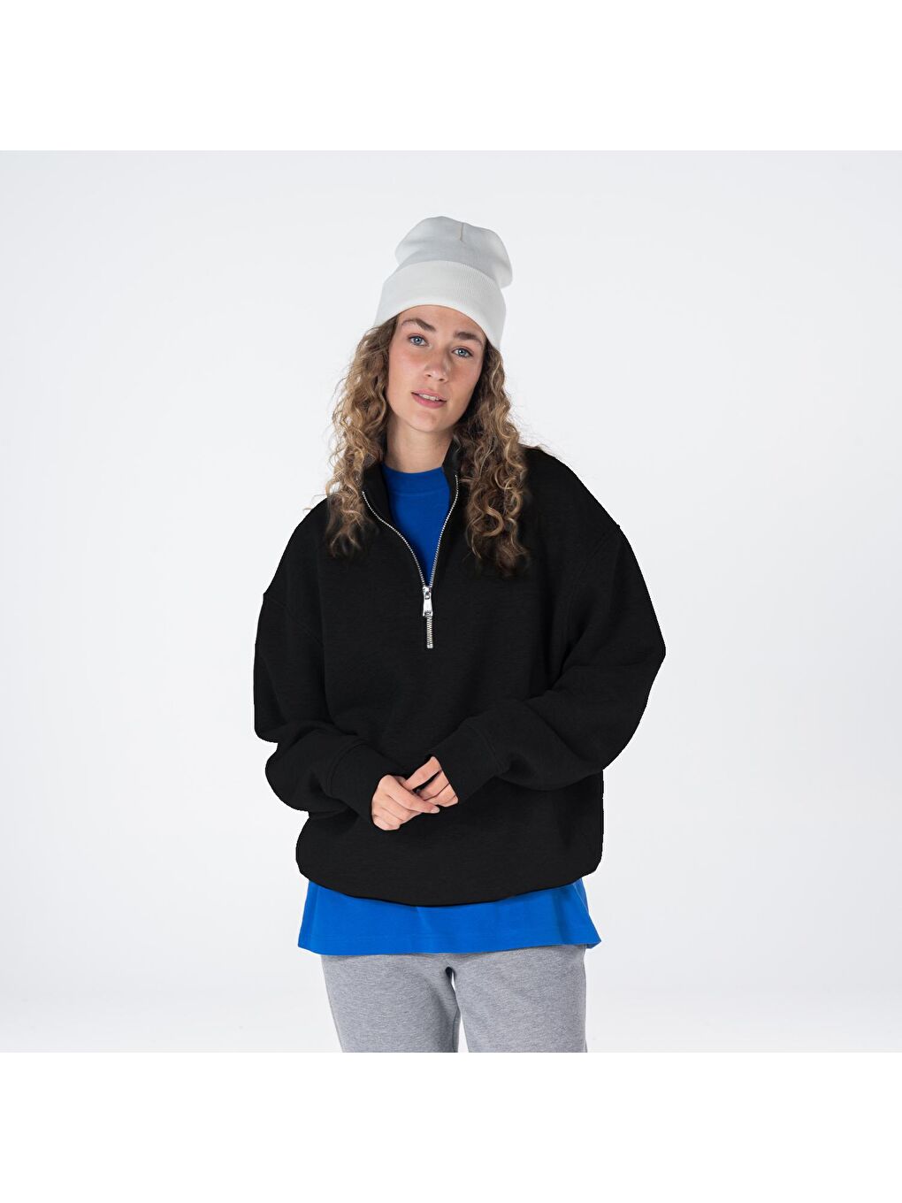 James Kadın Siyah Dik Yaka Oversize Yarı Fermuarlı Sweatshirt-2