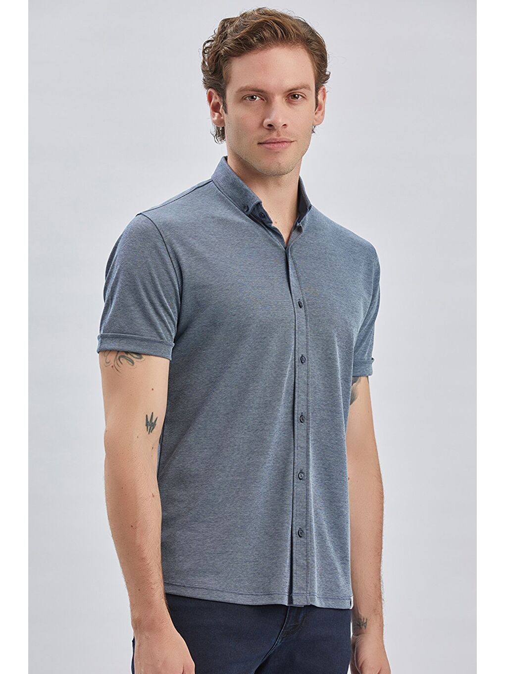 Koyu Lacivert Desenli Oxford Polo Yaka Cepli Pamuklu Casual Slim Fit Dar Kesim Gömlek 1011240178-1