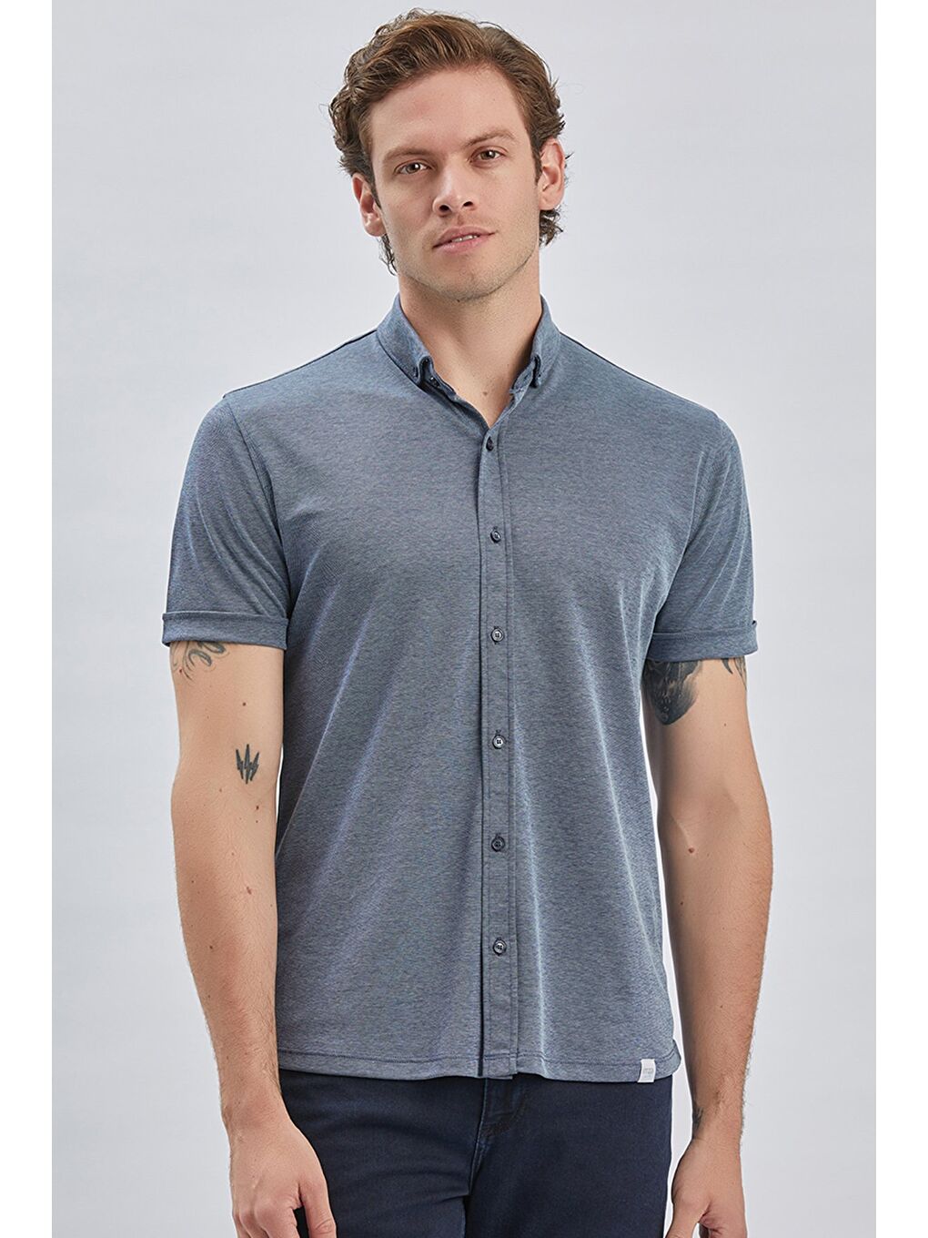 Koyu Lacivert Desenli Oxford Polo Yaka Cepli Pamuklu Casual Slim Fit Dar Kesim Gömlek 1011240178-2