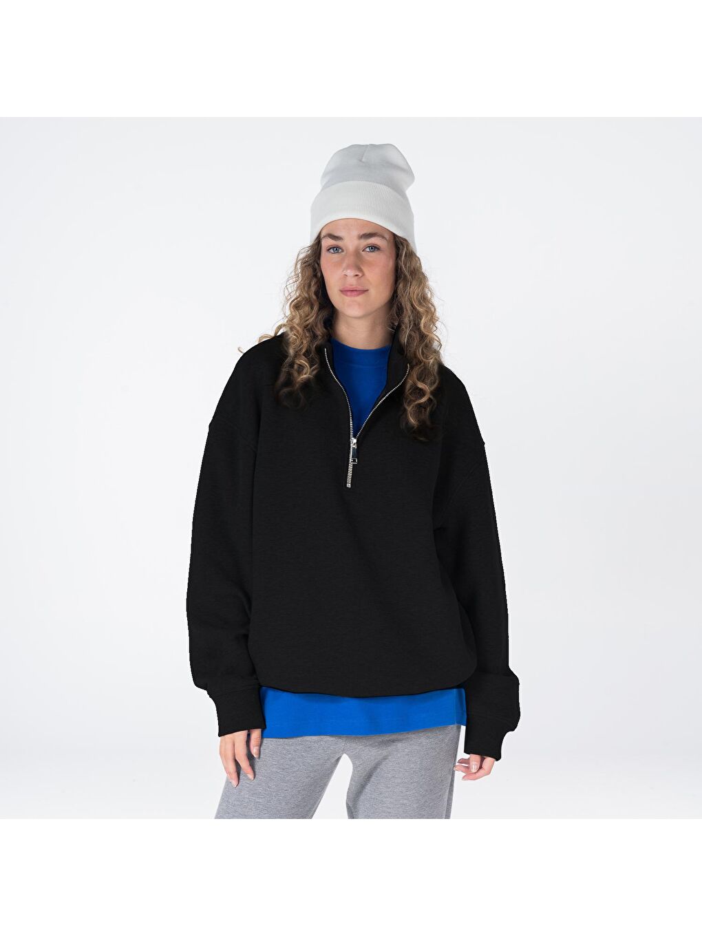 James Kadın Siyah Dik Yaka Oversize Yarı Fermuarlı Sweatshirt-3