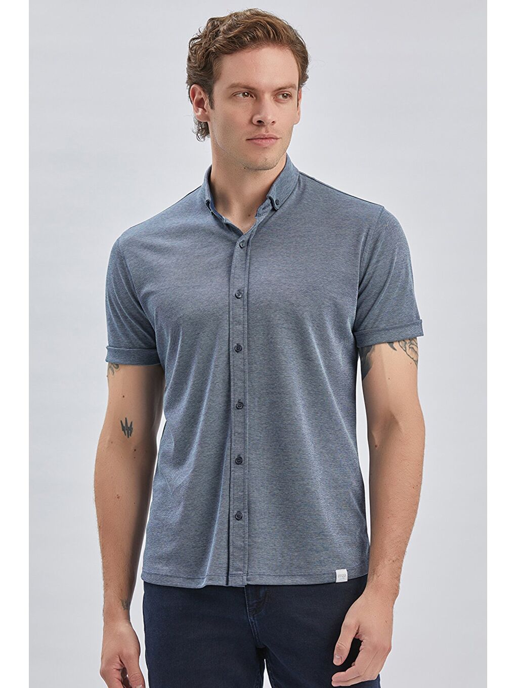 Koyu Lacivert Desenli Oxford Polo Yaka Cepli Pamuklu Casual Slim Fit Dar Kesim Gömlek 1011240178-3