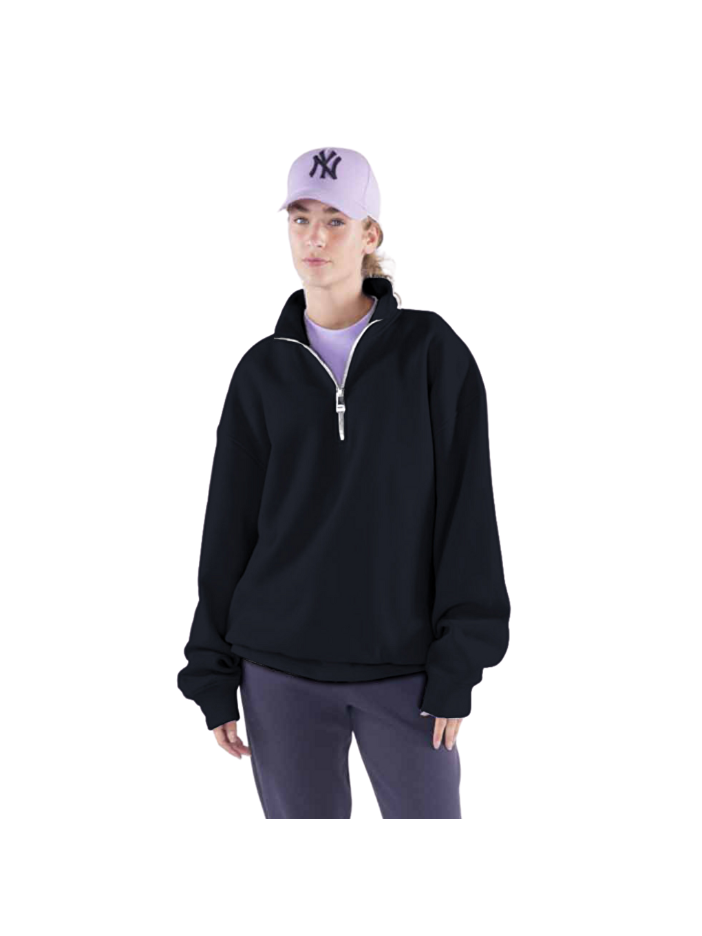 James Kadın Siyah Dik Yaka Oversize Yarı Fermuarlı Sweatshirt-4