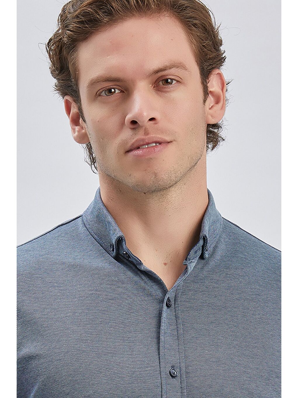 Koyu Lacivert Desenli Oxford Polo Yaka Cepli Pamuklu Casual Slim Fit Dar Kesim Gömlek 1011240178-5