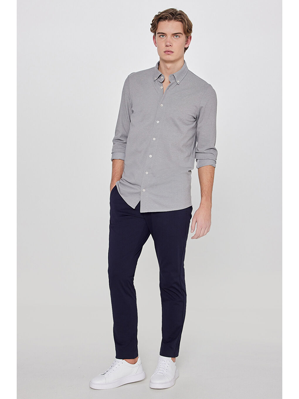 Lacivert Slim Fit Dar Kesim Normal Bel Cepli Esnek Chino Pantolon