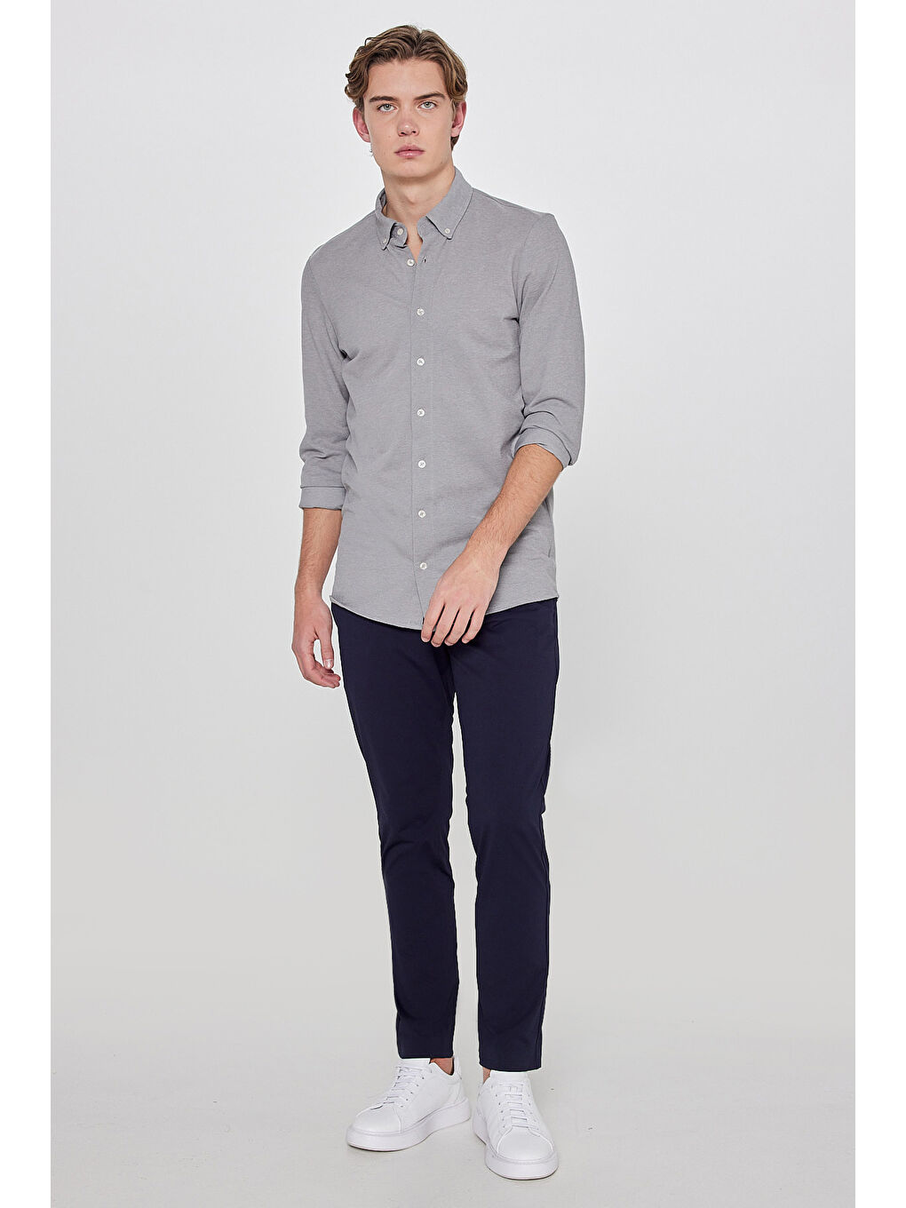 Lacivert Slim Fit Dar Kesim Normal Bel Cepli Esnek Chino Pantolon-1