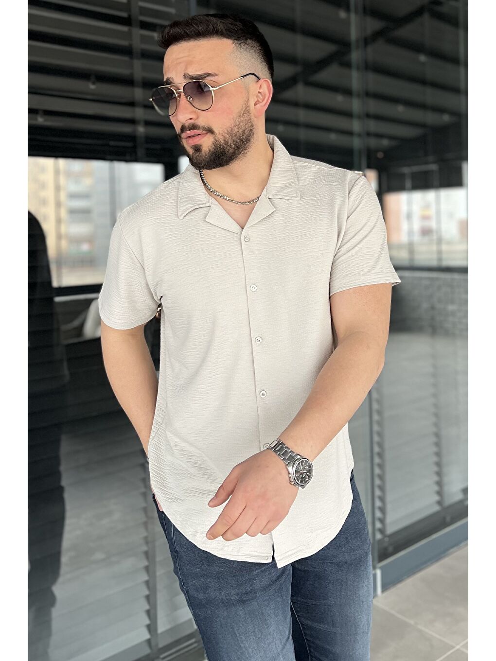 Gri Kendinden Desenli Erkek Kısa Kol Gömlek-1