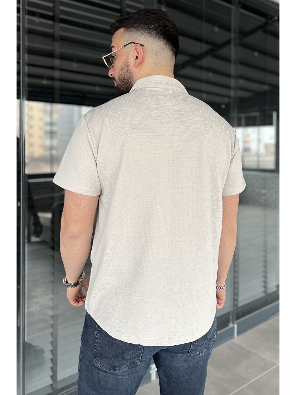 Gri Kendinden Desenli Erkek Kısa Kol Gömlek-2