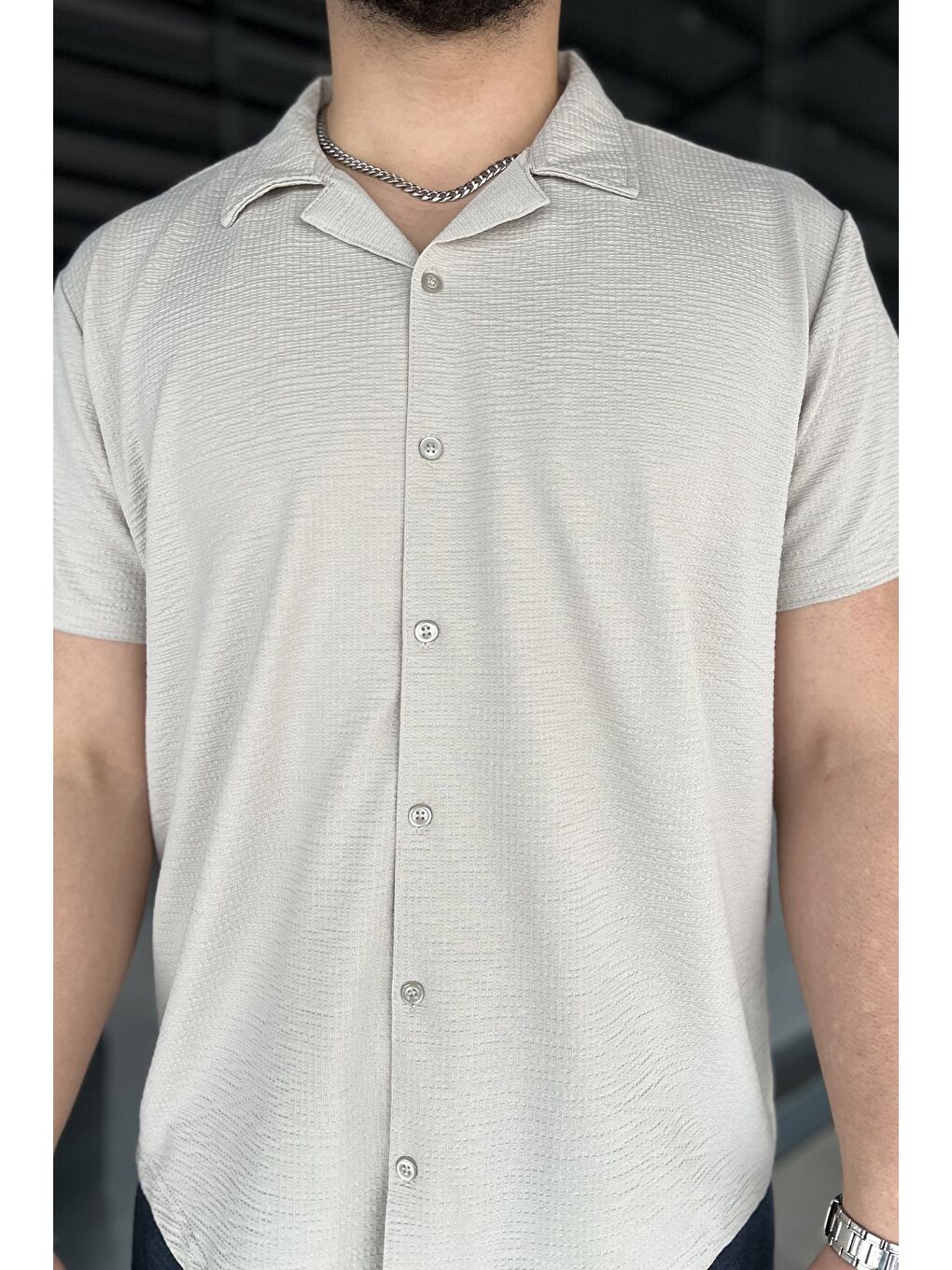 Gri Kendinden Desenli Erkek Kısa Kol Gömlek-3