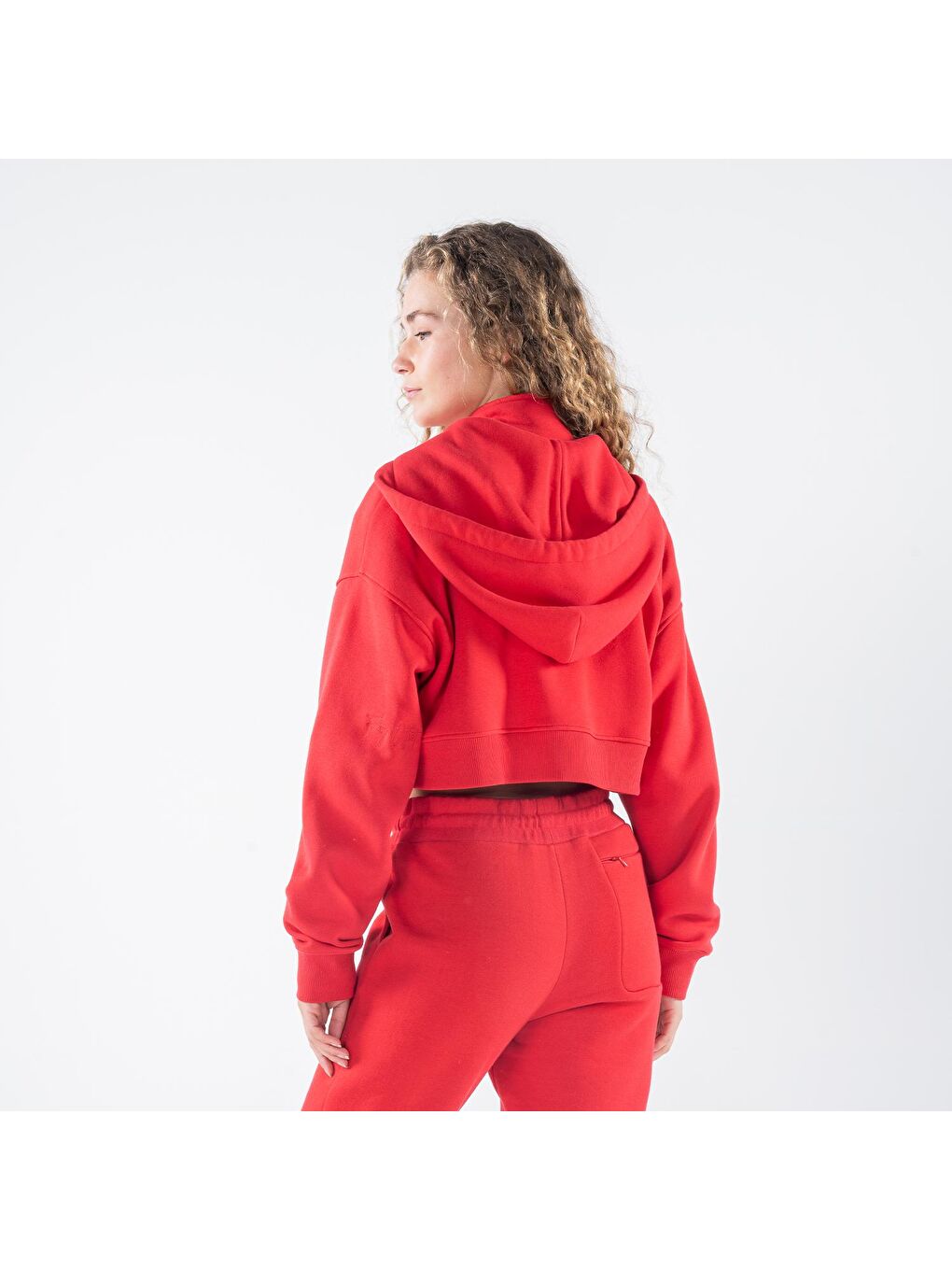 James Kadın Kırmızı  Kanguru Cepli Kapüşonlu Oversize Fermuarlı Crop Sweatshirt Hoodie-1