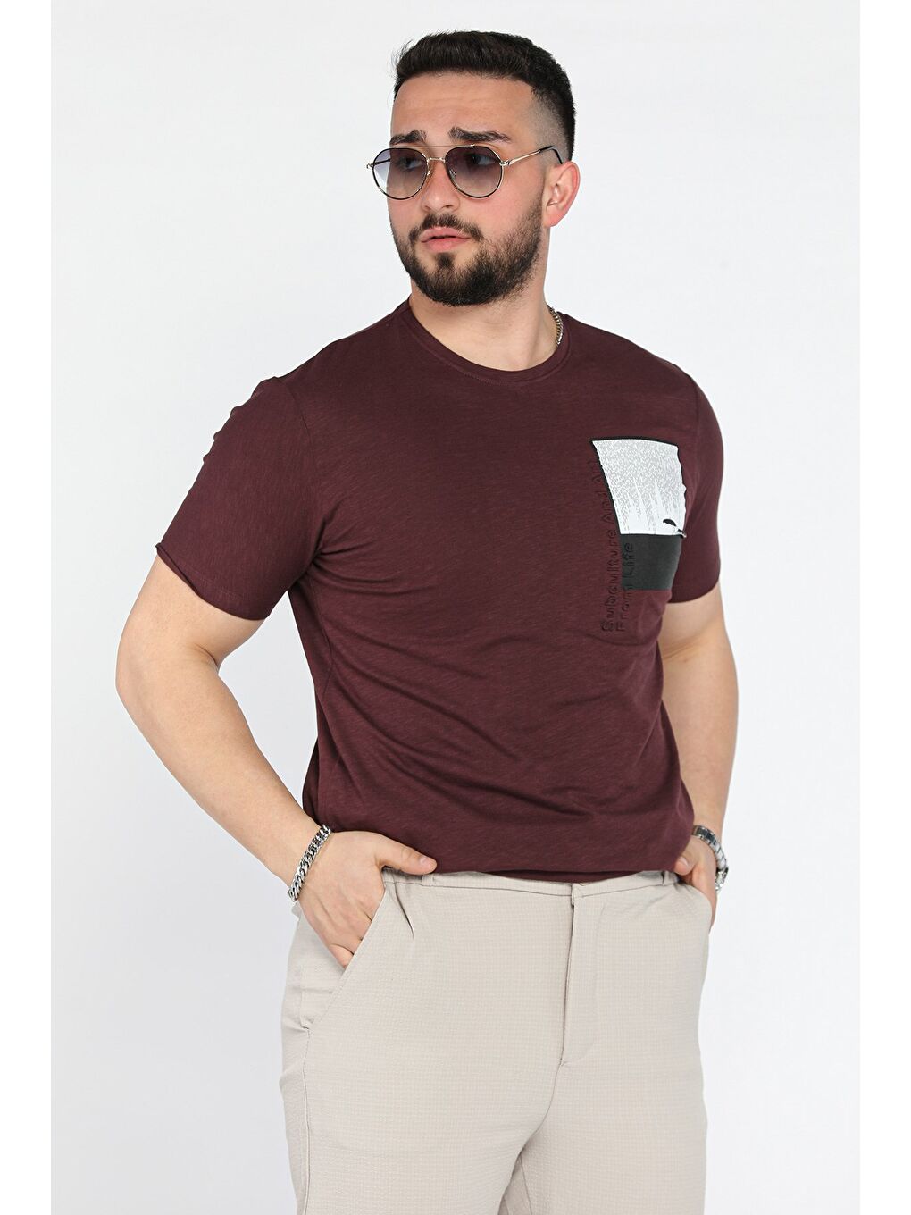 Bordo Baskılı Bisiklet Yaka Erkek Tişört