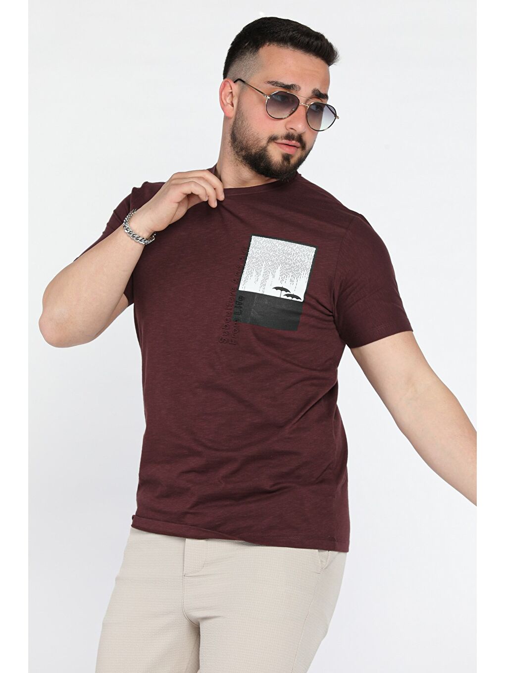 Bordo Baskılı Bisiklet Yaka Erkek Tişört-1