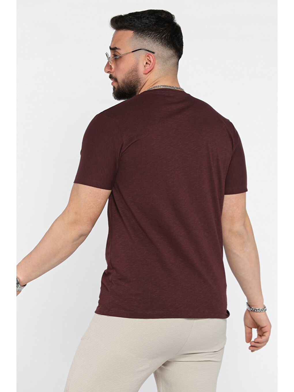 Bordo Baskılı Bisiklet Yaka Erkek Tişört-2