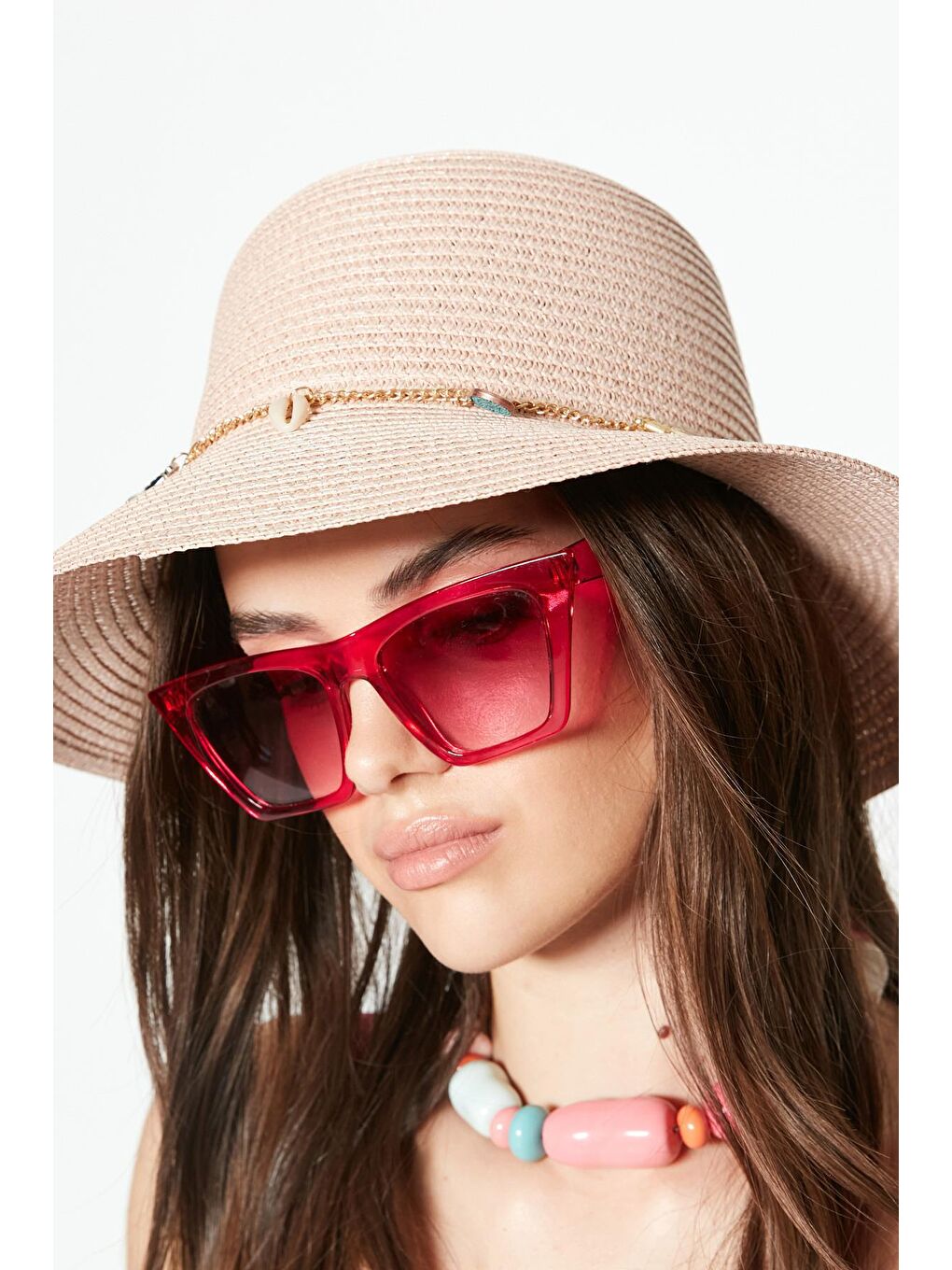 Pembe Kısa Kenar Hasır Plaj Şapkası Y23730-51 Pudra