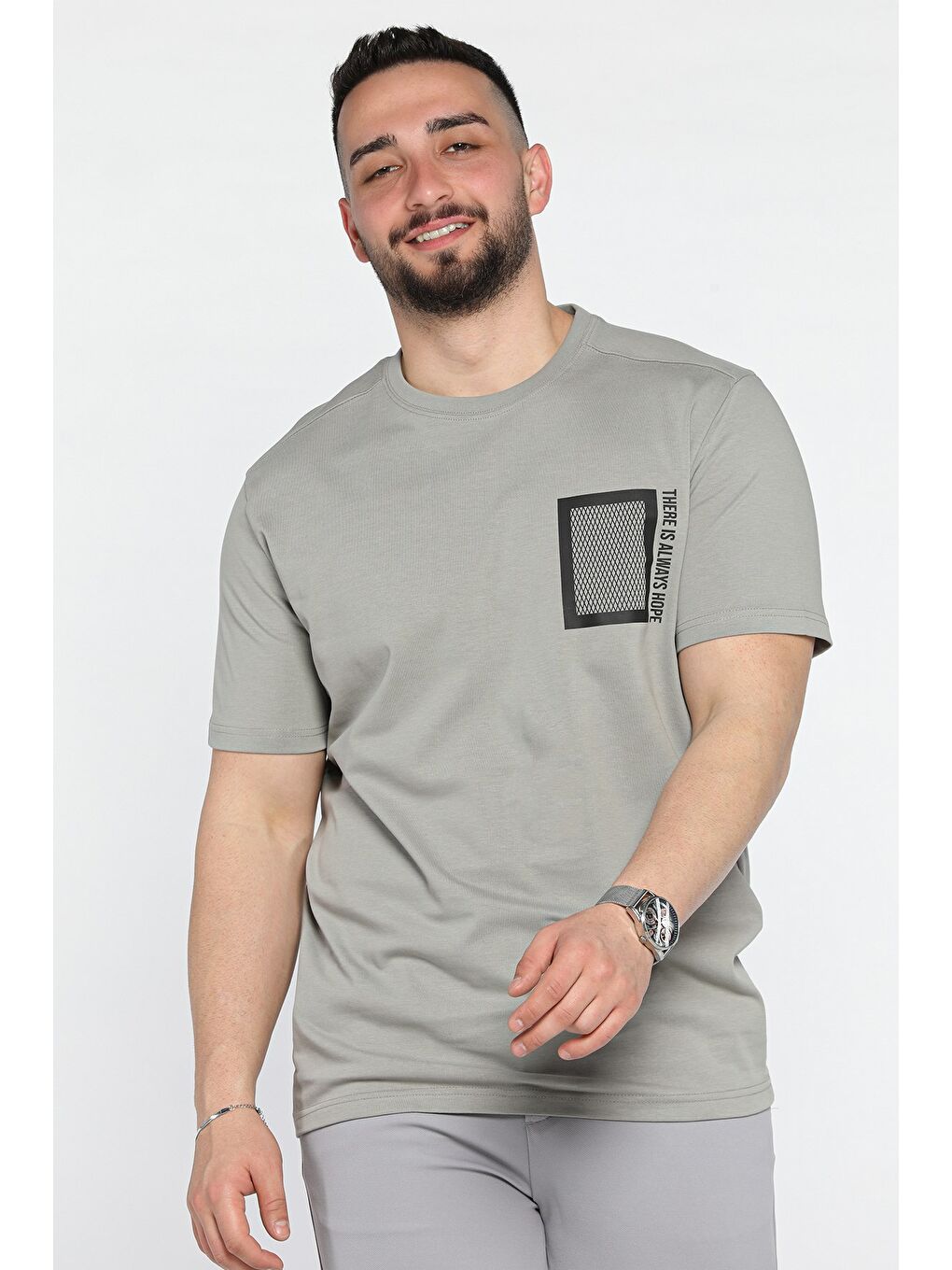Gri Erkek Bisiklet Yaka Baskılı Tişört-1