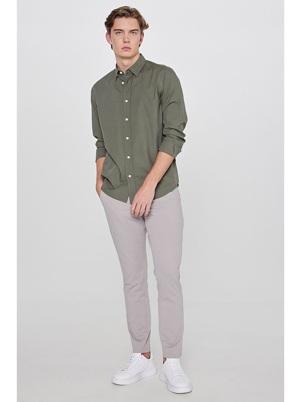 Bej Slim Fit Dar Kesim Normal Bel Cepli Esnek Chino Pantolon-1