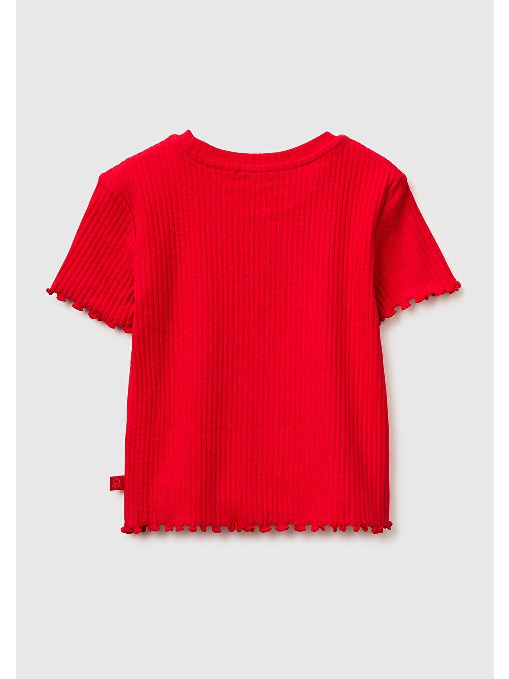 Kız Çocuk Kırmızı Etek Ucu Fırfırlı Bisiklet Yaka Kısa Kollu T-Shirt-1