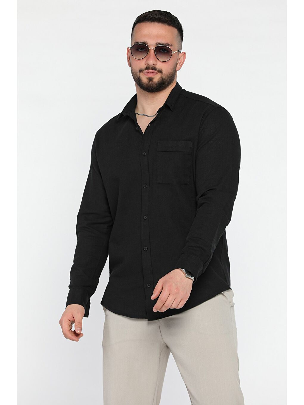 Siyah Tek Cepli Erkek Keten Gömlek-1
