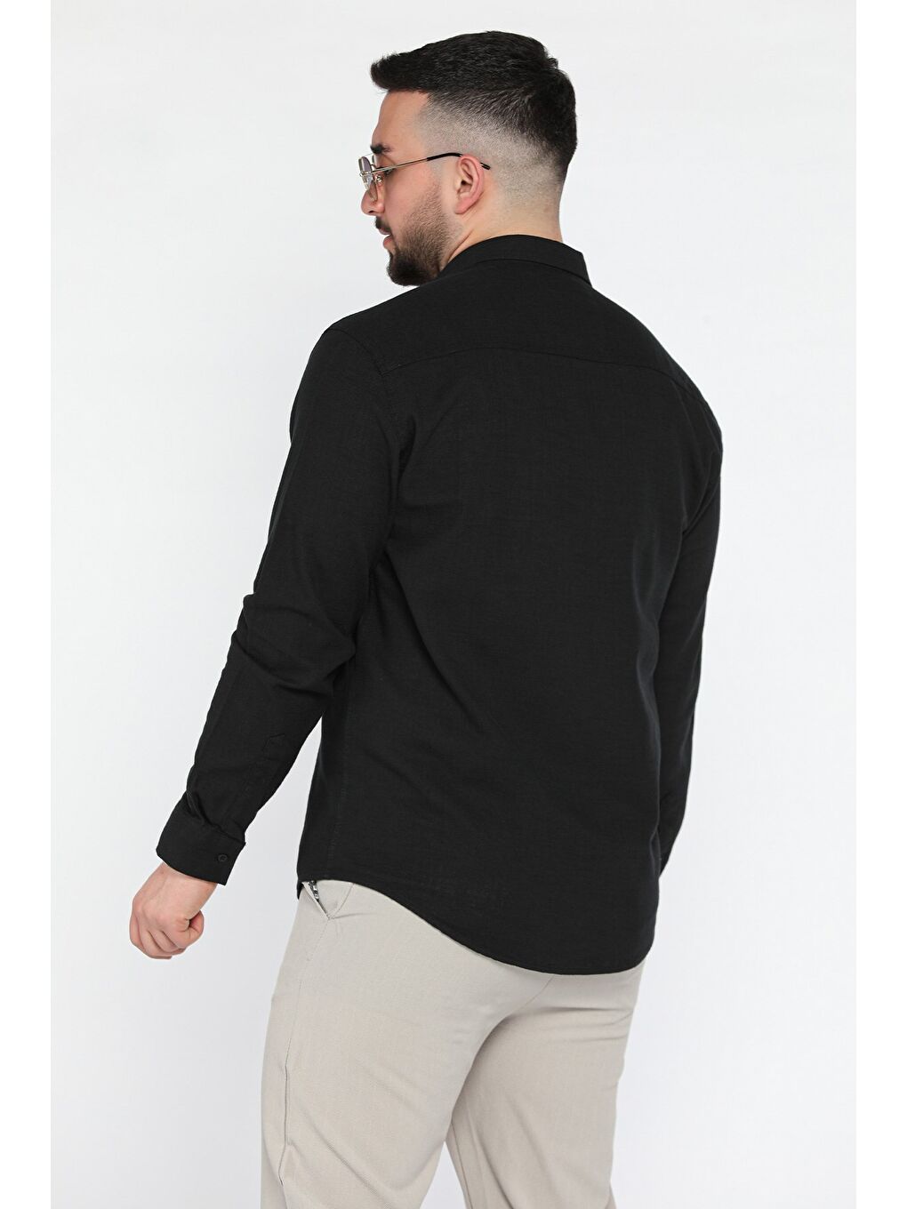 Siyah Tek Cepli Erkek Keten Gömlek-2