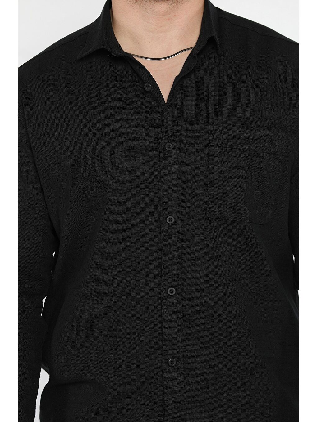 Siyah Tek Cepli Erkek Keten Gömlek-3