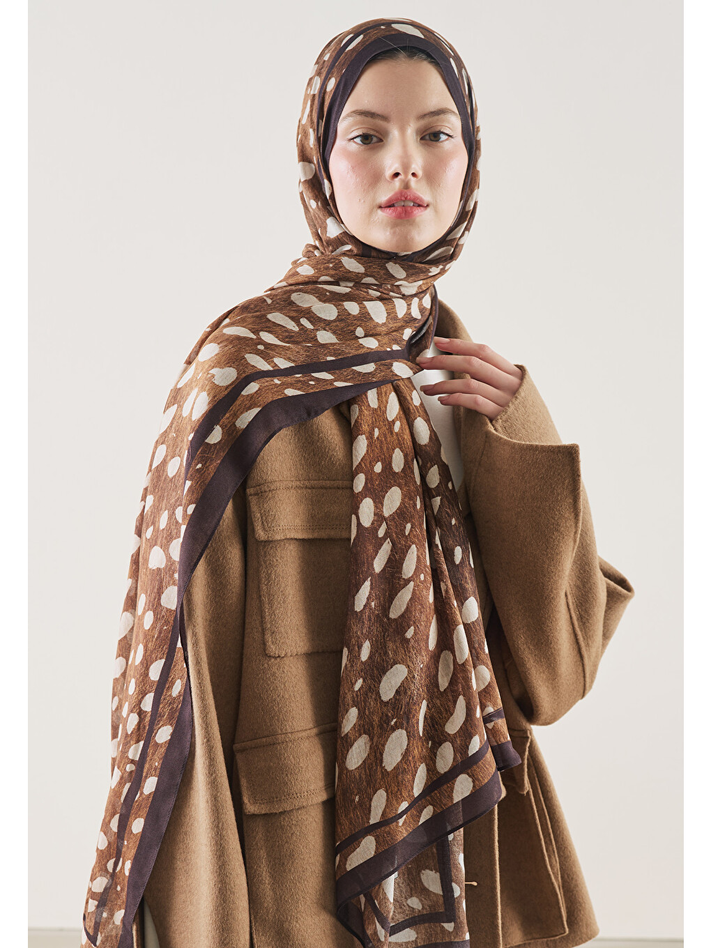 Kahverengi Wild Fawn Desen Rami Şal Kahve-1