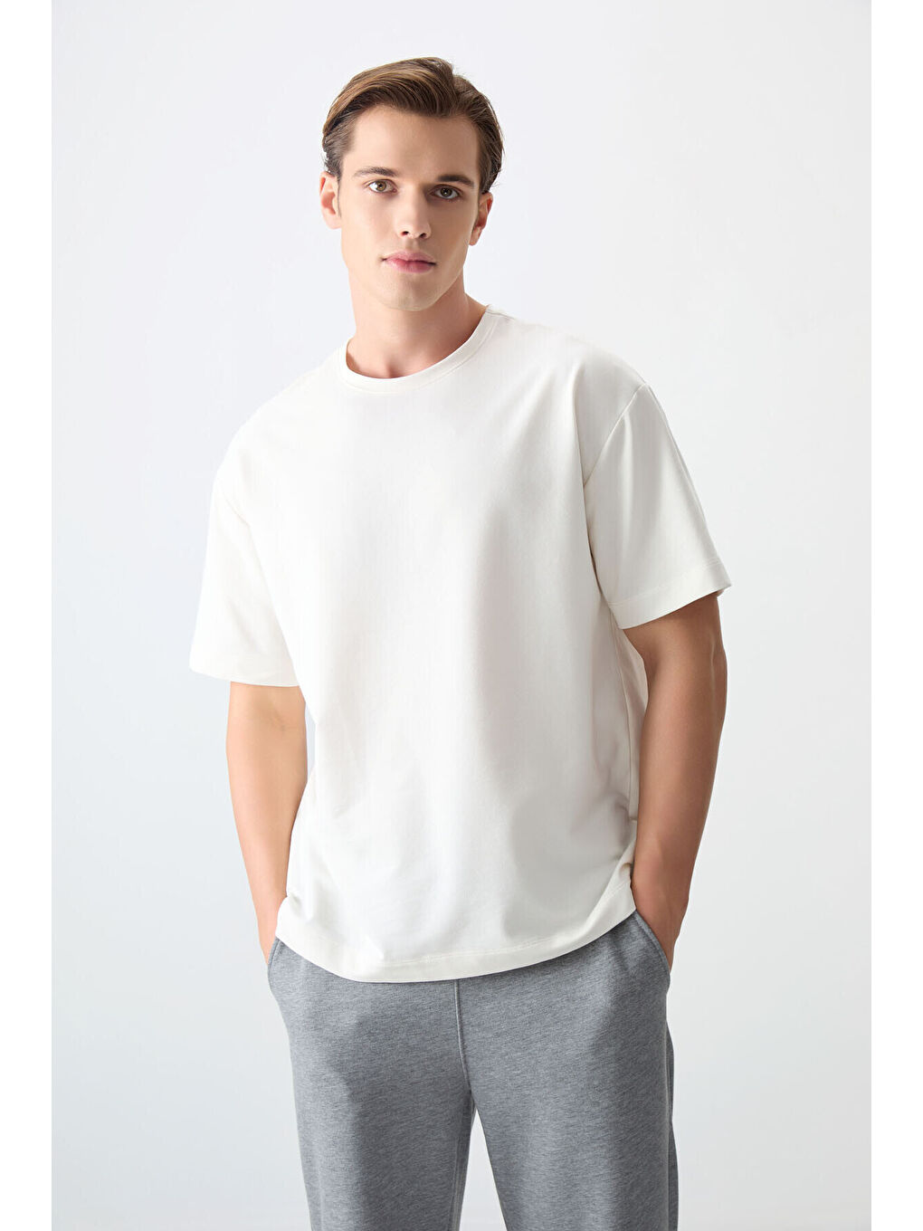 Karışık Basic Oversize O Yaka 2li Paket Siyah-Ekru Erkek T-Shirt - 88377-2