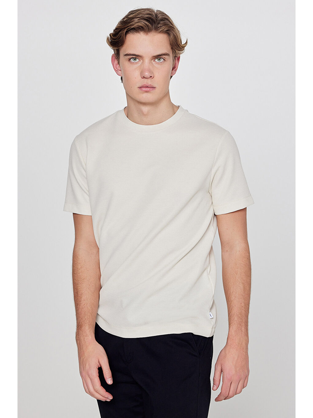 Bej Yumuşak Dokulu Regular Fit Normal Kesim Bisiklet Yaka Basic Tişört-1