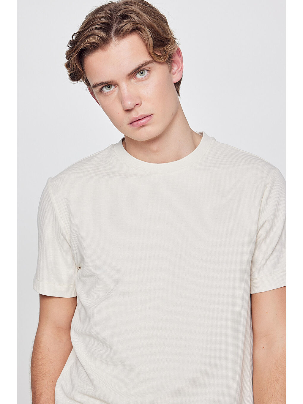 Bej Yumuşak Dokulu Regular Fit Normal Kesim Bisiklet Yaka Basic Tişört-3